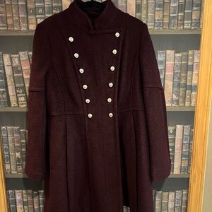 Guess Double-Breasted Belted Pea Coat Womens XL Maroon Burgundy Silver Buttons